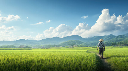 tranquil countryside moment as farmer walks through lush green rice fields under bright blue sky with fluffy clouds. serene landscape evokes sense of peace and connection to nature