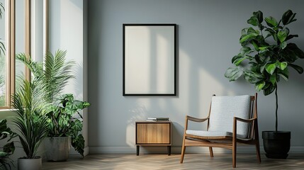 Grey gallery room interior with drawer and decoration, Mockup frame, Display photo frame