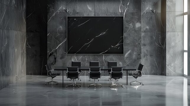 Black marble conference room with modern furniture and large poster on the wall, stylish corporate office interior design