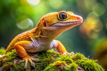 Naklejka premium Stunning Close-Up of a Gold Dust Gecko on a Natural Background in Its Native Habitat