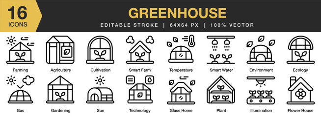 Greenhouse icon set. Editable Stroke Icon Collection. Includes agriculture, cultivation, ecology, environment, farming, and More. Outline icons vector collection.