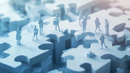 3D illustration of paper businessmen working on a large puzzle, symbolizing group effort and problem-solving in a business setting.
