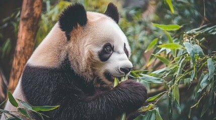 Obraz premium A giant panda bear sits among lush green bamboo leaves, eating with its head turned slightly to the right.