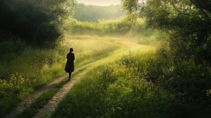 woman walking through rural path surrounded by lush greenery and wildflowers, evoking sense of tranquility and connection with nature. soft light enhances serene atmosphere