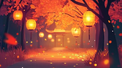 Obraz premium Serene autumn path adorned with lanterns and vibrant foliage, creating a magical atmosphere.