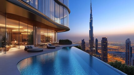 An infinity pool on a rooftop with a view of the Dubai skyline.