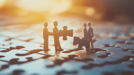 Businessman paper figures in a 3D scene working together to place puzzle pieces in a large jigsaw, symbolizing collaboration.