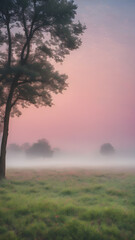 A soft, misty morning sky with pastel tones of pink and blue, with the fog rising from the fields and trees barely visible in the distance
