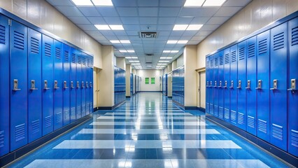 blue lockers, hallway, educational institution