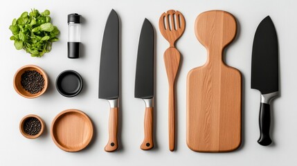Wooden Cutting Board  Kitchen Knives  Peppercorns  Fresh Herbs