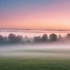 Fototapeta premium A soft, misty morning sky with pastel tones of pink and blue, with the fog rising from the fields and trees barely visible in the distance 