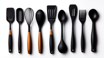 Fototapeta premium Black Kitchen Utensils Set Silicone Spatula Wooden Handle Cooking Tools Flat Lay Top