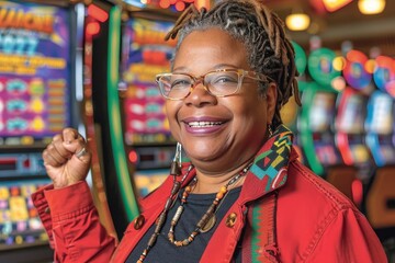 Obraz premium Joyful african woman celebrates in a vibrant casino surrounded by colorful slot machines and lights