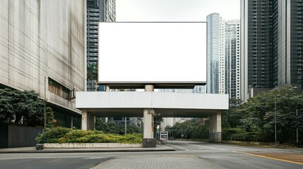 Fototapeta premium City street billboard with a white screen, standing tall against modern architecture, and wide copy space.