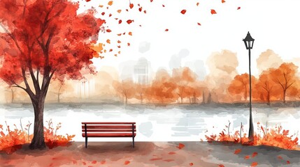 A serene lakeside scene with vibrant autumn trees and a red bench overlooking the peaceful water.