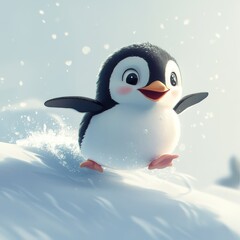 Cute Penguin Sliding on Snow  Winter Animal Cartoon  Adorable Penguin Illustration  Funny 