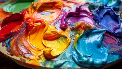 混ざり合ったカラフルな絵の具のパレットをクローズアップ。鮮やかな色彩と絵の具の厚みがアーティスティックな雰囲気を醸し出す