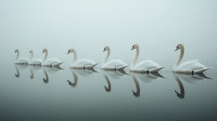 Seven white swans swimming in a line on a calm lake with fog in the background, their reflections mirroring them in the water.