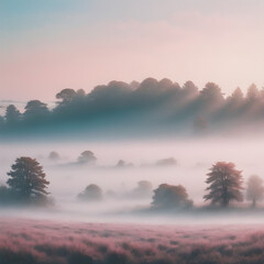 Fototapeta premium A soft, misty morning sky with pastel tones of pink and blue, with the fog rising from the fields and trees barely visible in the distance 