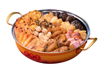 chinese traditional Peng cai with luxury seafood, meat, vegetable and premium sauce in hot pot in red chinese new year background asian halal menu