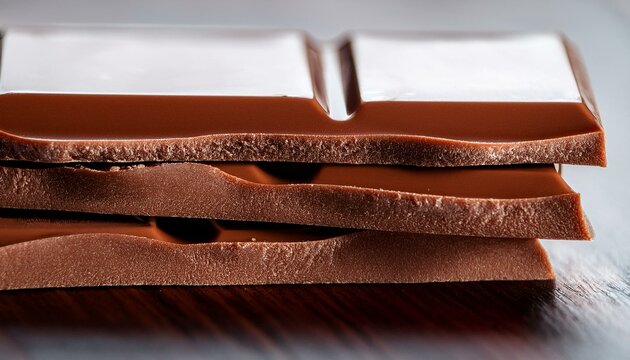高級チョコレートの断面をクローズアップ。滑らかな質感と細かな層が見え、口の中でとろけそうな印象が伝わる
