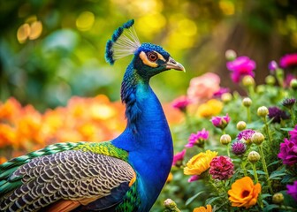 Obraz premium Stunning Female Peacock Displaying Subtle Beauty in Natural Habitat Among Lush Greenery and Flowers