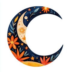 A crescent moon adorned with intricate boho patterns and surrounded by delicate stars