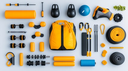 Fototapeta premium Fitness Gym Equipment Backpack Dumbbells Kettlebells Yoga Mat Exercise