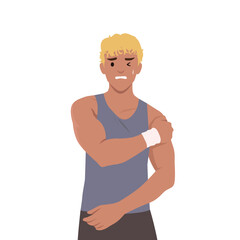Fototapeta premium Man has shoulder pain from inflammation. Male feels pain in his arm after exercising. Flat vector illustration isolated on white background