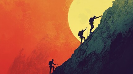 Obraz premium Silhouette of people climbing a mountain to reduce the risks and dangers on the mountain, helping them on the road to success towards the same journey, collaboration and cooperation