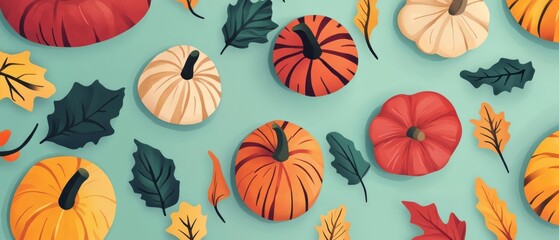 Colorful pumpkins and leaves on a turquoise background, perfect for autumn-themed designs.