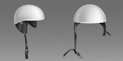 Motorcycle and scooter helmet for head protection. Realistic 3d vector illustration set of white biker safety hat side and front view. Simple retro open face safety headwear helm with belt mockup.