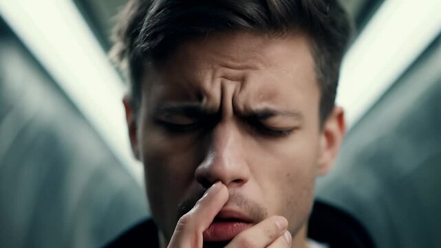 Video of a young man who is anxious in a blurred subway station.