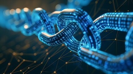 Global digital blockchain network with flowing information and binary code data cells - 3D illustration of distributed ledger and data exchange