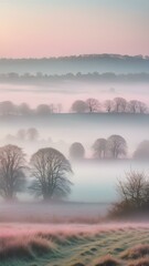 Obraz premium A soft, misty morning sky with pastel tones of pink and blue, with the fog rising from the fields and trees barely visible in the distance 