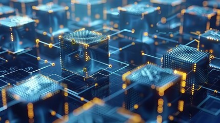 Global digital blockchain network with flowing information and binary code data cells - 3D illustration of distributed ledger and data exchange