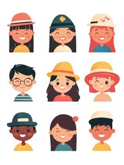 A cheerful collection of diverse cartoon characters wearing various hats, showcasing joy and vibrant expressions.