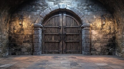 Medieval castle or dungeon with wooden doors