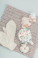 Hot cocoa or chocolate with marshmallows. Christmas traditional decor, New Year festive arrangement