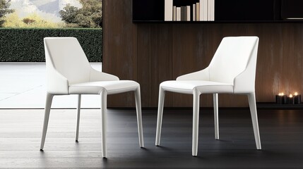 Modern interior design with two white contemporary chairs in a minimalist setting with wooden accents and outdoor view.