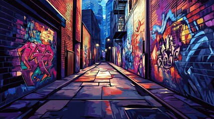 Obraz premium A Narrow, Graffiti-Covered Alleyway in a City at Night