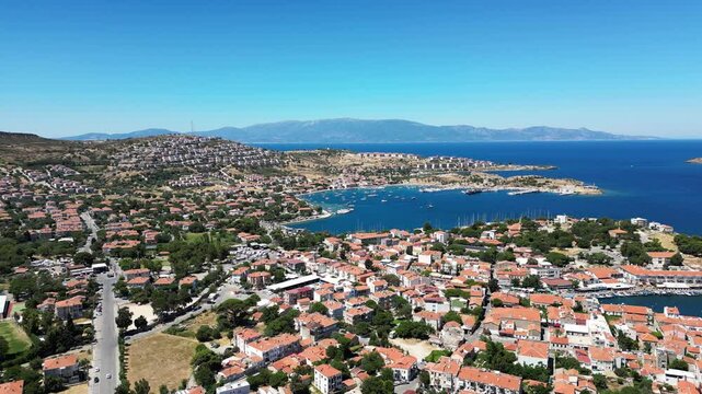 Eski Foca aerial drone view, a popular resort on the Aegean coast in Izmir, Turkey