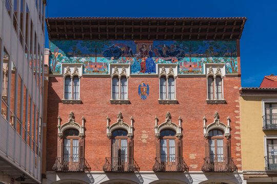 Palencia, Spain. August 17, 2024. Beautiful art nouveau building in the Calle Mayor, built between 1910 and 1911 by the Spanish architect Jer&oacute;nimo Arroyo and decorated by Daniel Zuloaga