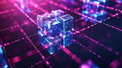 Global digital blockchain network with flowing information and binary code data cells - 3D illustration of distributed ledger and data exchange