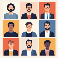 A collection of diverse illustrated male portraits in different styles and colors, showcasing various facial features and expressions.