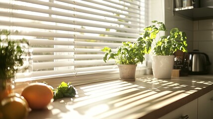 Sunlit Kitchen Countertop with Plants and Fruit