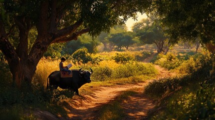 Obraz premium A serene scene of a person reading on a buffalo in a lush, sunlit landscape.