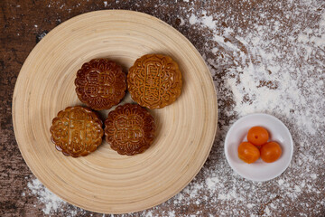 baked lotus paste red bean green tea durian color mooncake with egg yolk in traditional shape lantern china mid autumn festival halal product pastry sweet vegan gluten free food menu cafe restaurant