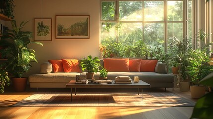 A Modern Living Room with a Couch, Coffee Table, and Plants