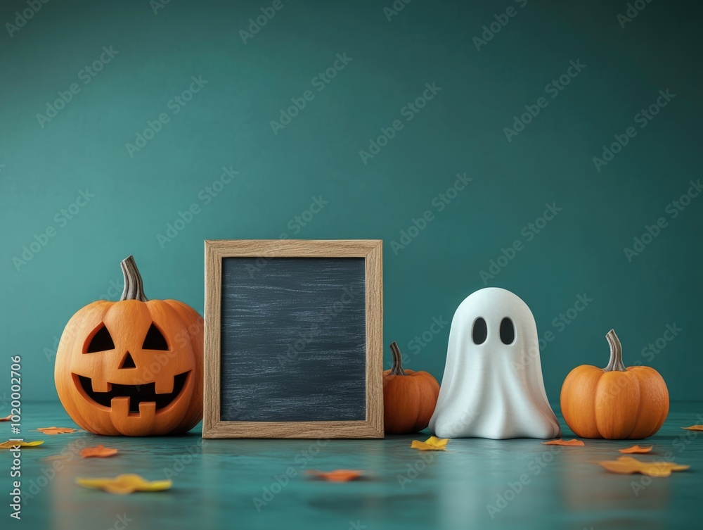 Wall mural Pumpkin Still Life Scene with Sign Board and Ghost Gourd Against Teal Background